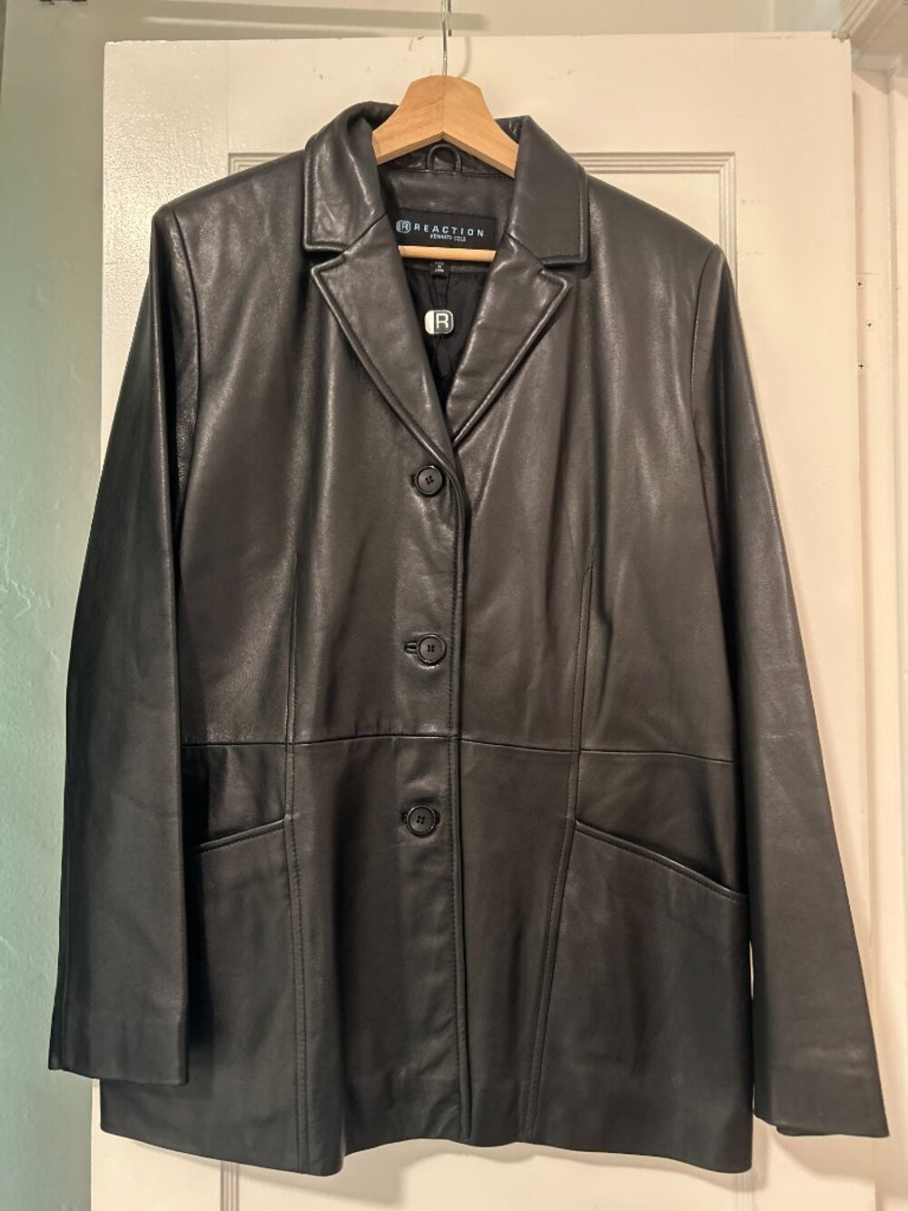 Reaction Kenneth Cole Black Leather Vintage Y2K Button Up Blazer Jacket Large